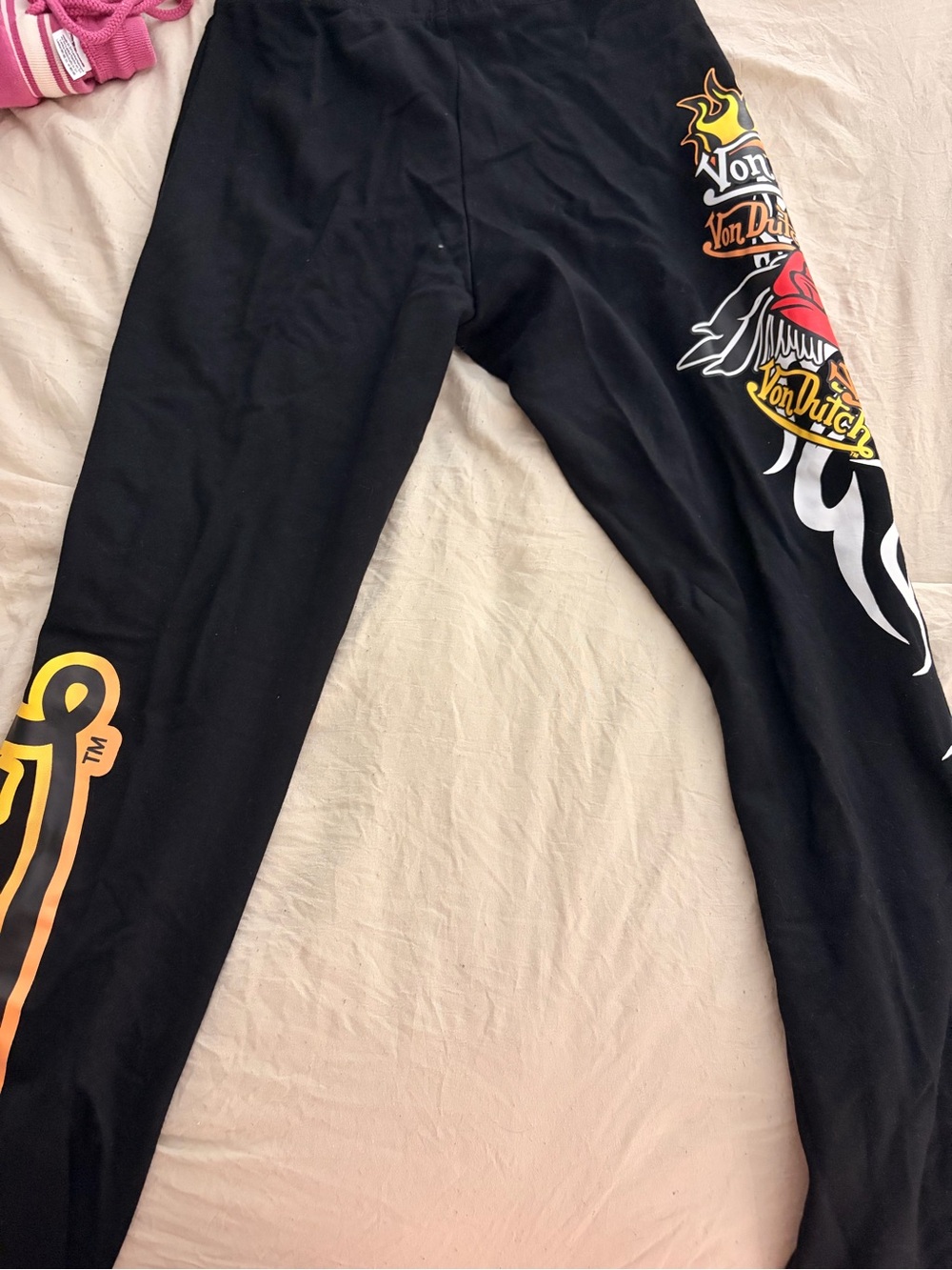 Von Dutch Black Leggings with Red, Yellow & White Flame Graphics